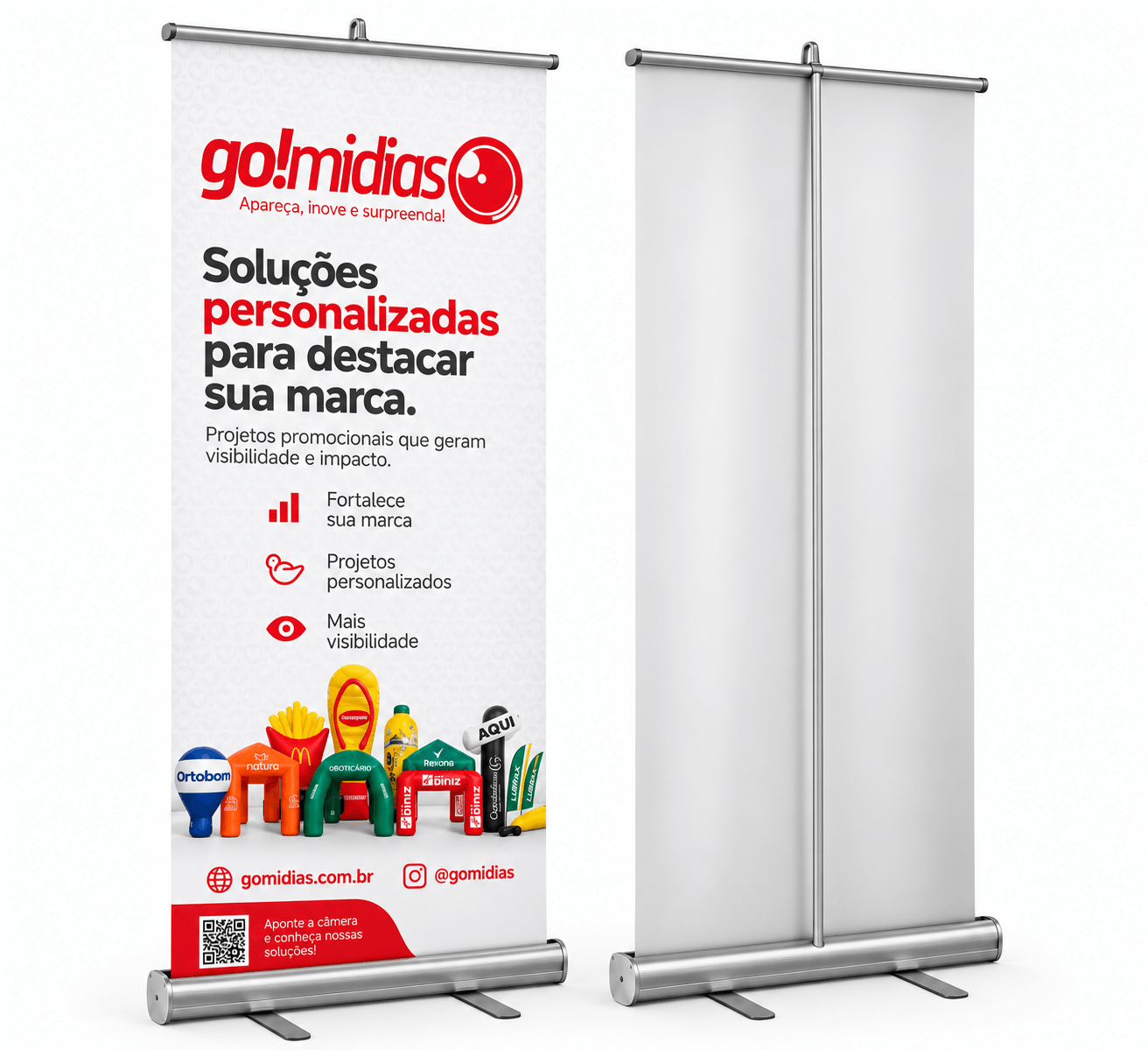 Banner Roll-Up retrátil GoMídias para divulgação em feiras e eventos